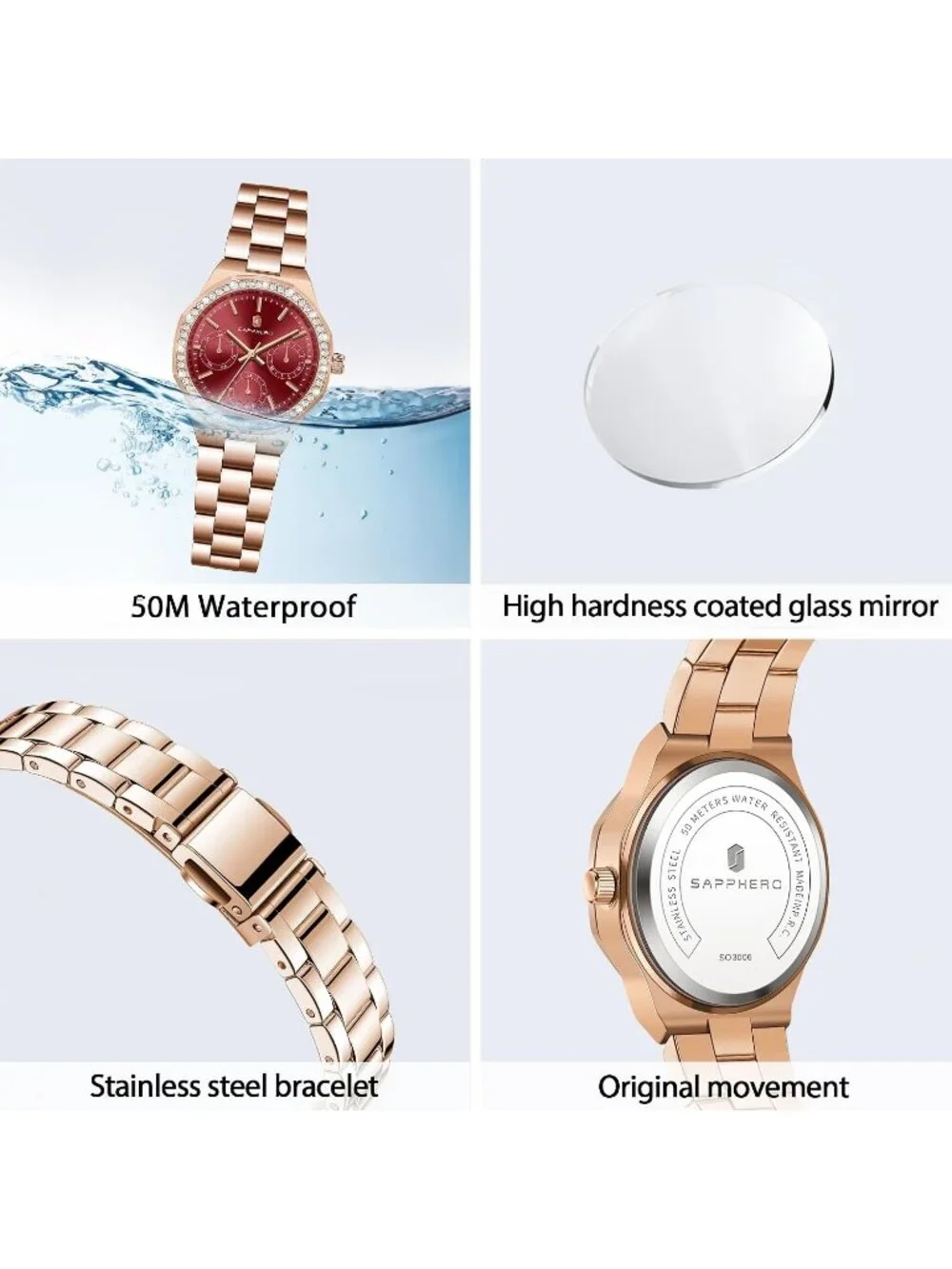 Women's Rose Gold Strap/ Red Round Face Luxury Waterproof Elegant Wrist Watch